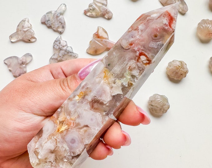 Premium pink flower agate (pk) Crystal tower | pink flower agate crystal tower healing crystal home decor |crystal gift |unique home decor|
