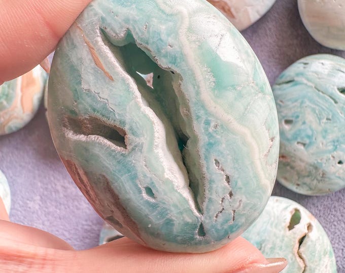 Reiki Healing Blue aragonite palm stone- Throat chakra& root chakra Healing crystal