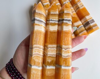 Orange calcite crystal tower|tall crystal wand healing crystal healing journey home decoration