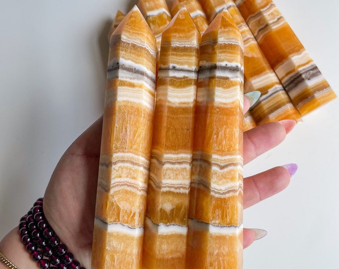 Orange calcite crystal tower|tall crystal wand healing crystal healing journey home decoration