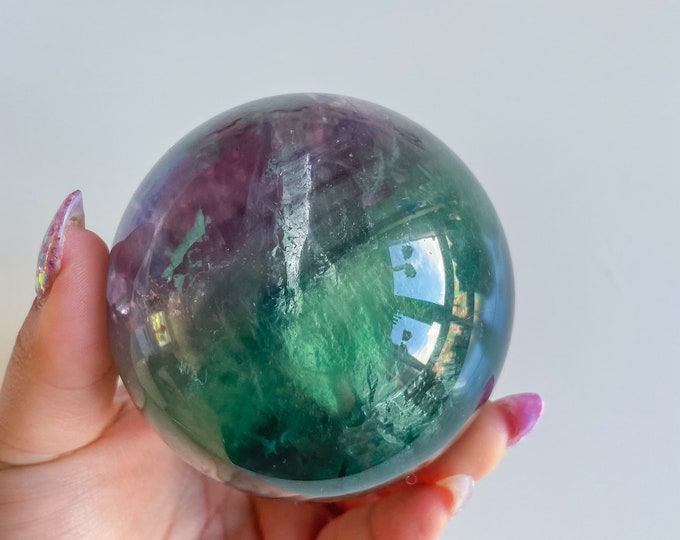 Watermelon fluorite crystal sphere | green fluorite sphere healing crystal home decor