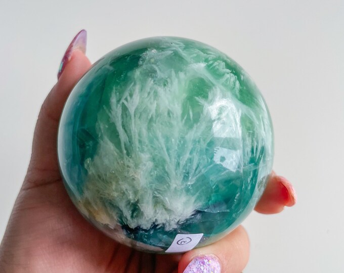 Snowflake green fluorite crystal sphere healing crystal home decor