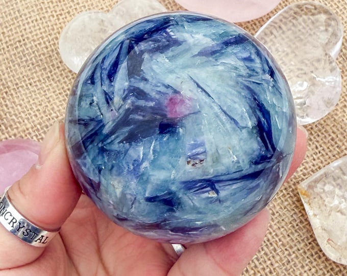 Aquamarine Crystal Sphere with pink tourmaline  Lepidolite,kyanite & Smoky Quartz | Natural Gemstone Sphere | Crystal Decor | Collector Gift