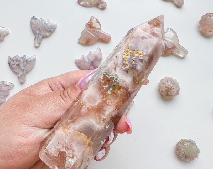 Premium pink flower agate (pk) Crystal tower | pink flower agate crystal tower healing crystal home decor |crystal gift |unique home decor|