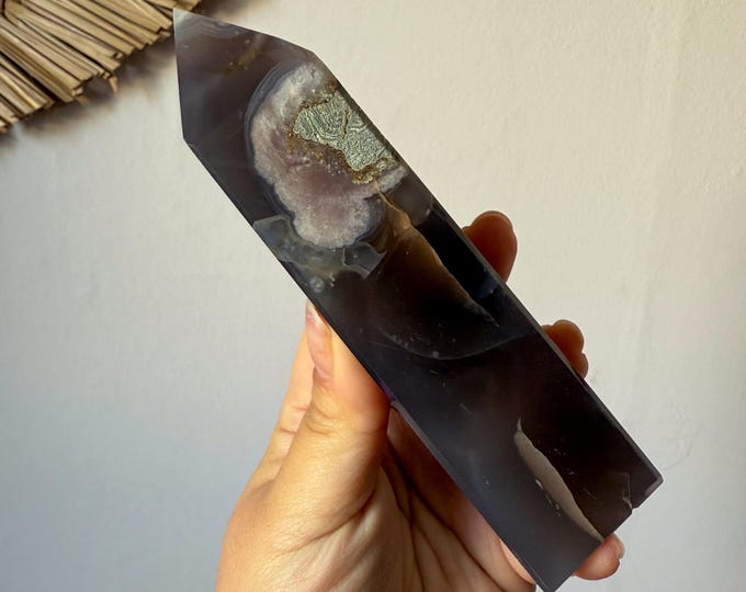 Premium Black flower agate crystal tower healing crystal home decor