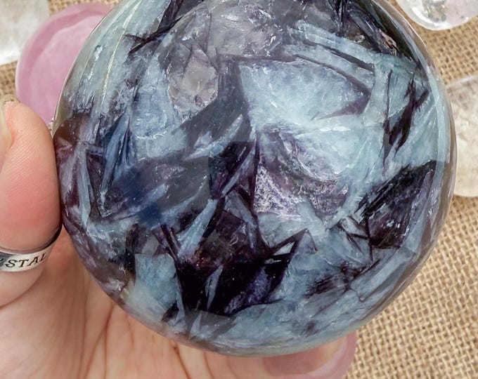 Aquamarine Crystal Sphere with pink tourmaline  Lepidolite,kyanite & Smoky Quartz | Natural Gemstone Sphere | Crystal Decor | Collector Gift