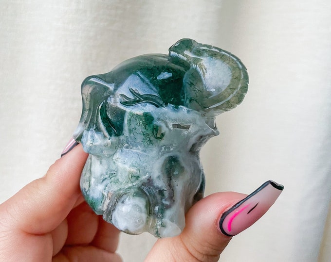 Premium Moss agate elephant crystal animal carving home deco