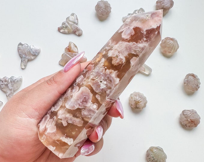 Premium pink flower agate (pk) Crystal tower | pink flower agate crystal tower healing crystal home decor |crystal gift |unique home decor|