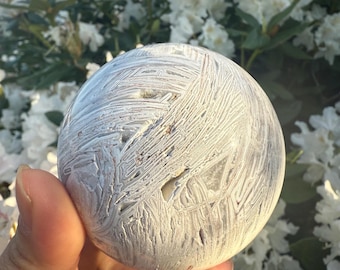 May include: A spherical stone with a distinctive pattern of white and grey lines. The stone is held in a hand, with a backdrop of white flowers and green leaves.