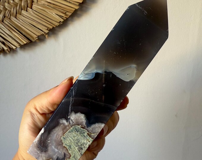 Premium Black flower agate crystal tower healing crystal home decor