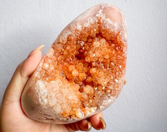 Druzy Orange quartz with pink flower agate free form natural crystal ornament home decoration
