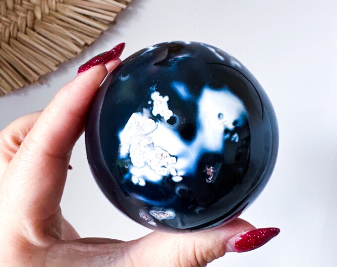 Orca Agate natural crystal sphere| unique crystal home decor| Tranquility home style | Earthy decor | Oceanic decor | unique gift idea