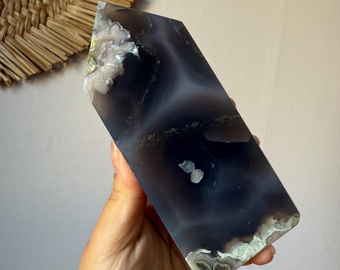 Premium Black flower agate crystal tower healing crystal home decor