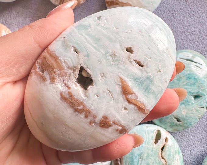 Reiki Healing Caribbean blue calcite palm stone- Crown chakra & Throat chakra Healing crystal