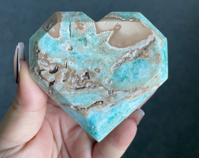 Blue aragonite heart | Caribbean calcite heart | crystal facets heart reiki healing meditation crystal healing journey home decoration