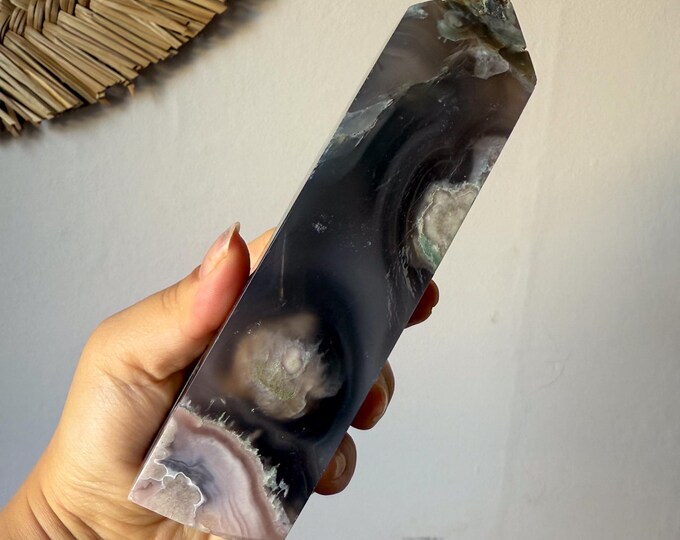 Premium Black flower agate crystal tower healing crystal home decor