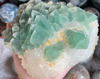 Fluorite on quartz natural cluster specimen | natural quartz with green fluorite crystal cluster mineral specimen