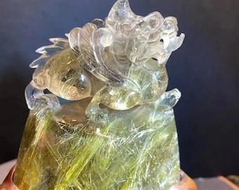 Premium golden Rutilated quartz spiritual animal | High end crystal carving | fengshui home decor | dragon and Phoenix son-Chao Feng