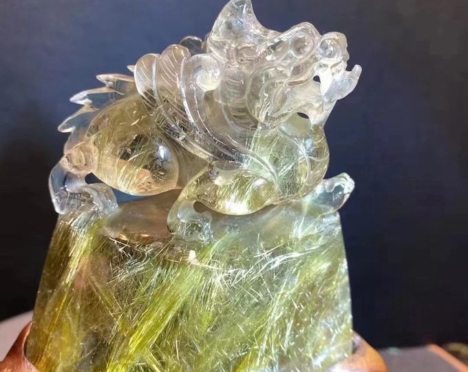 Premium golden Rutilated quartz spiritual animal | High end crystal carving | fengshui home decor | dragon and Phoenix son-Chao Feng