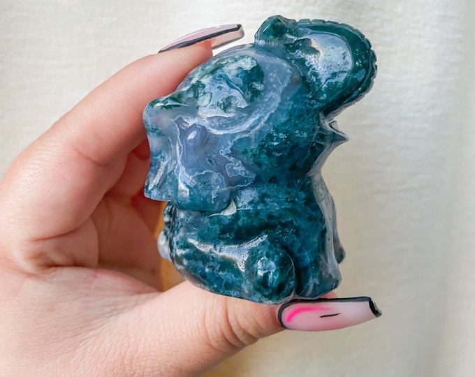 Premium Moss agate elephant crystal animal carving home deco