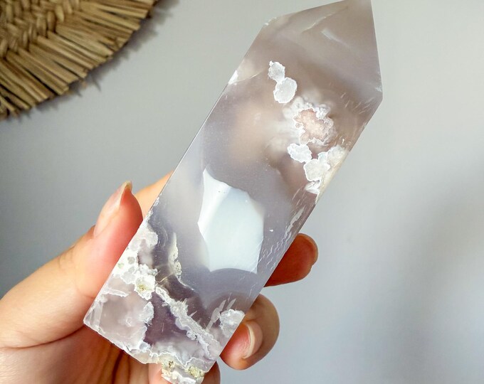 Premium Black flower agate crystal tower healing crystal home decor