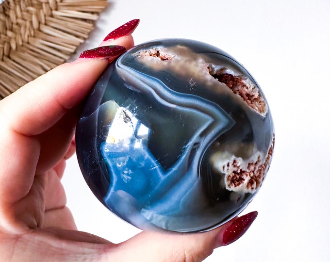 Orca Agate natural crystal sphere| unique crystal home decor| Tranquility home style | Earthy decor | Oceanic decor | unique gift idea