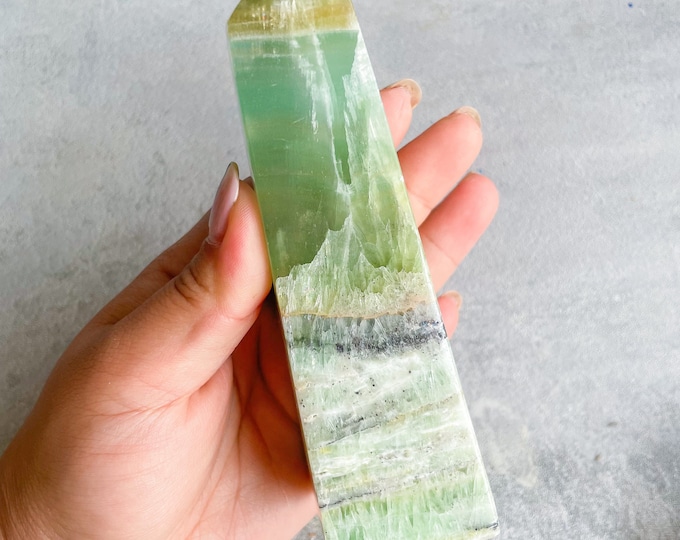 Kiwi calcite crystal tower healing crystal home decor