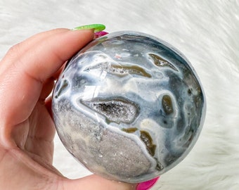 Druzy Ocean Jasper with blue chalcedony crystal sphere| crystal home decor