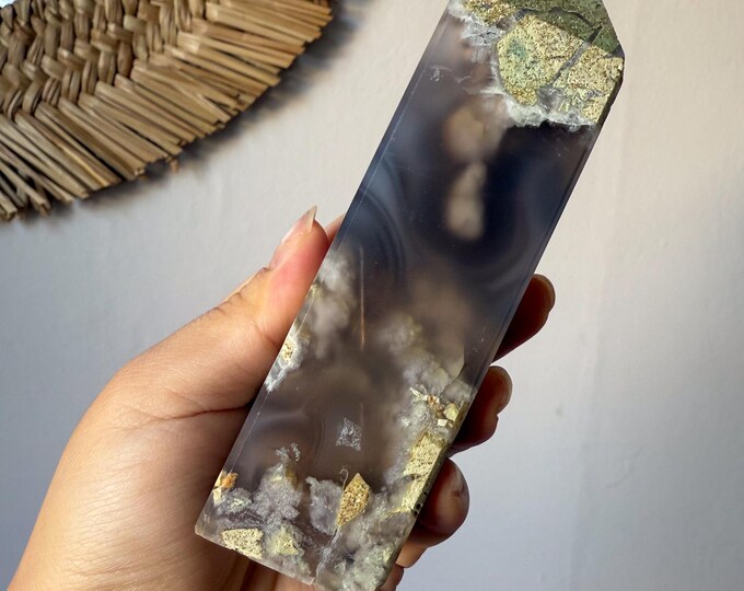 Premium Black flower agate crystal tower healing crystal home decor