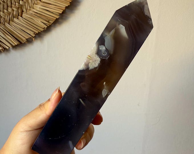 Premium Black flower agate crystal tower healing crystal home decor