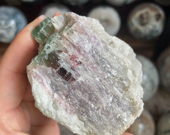 Watermelon tourmaline with lepidolite on quartz natural cluster specimen | natural crystal cluster mineral specimen