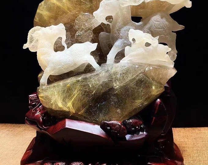 Premium Golden Rutilated Quartz Goat Carving for Spiritual and Feng Shui Decor