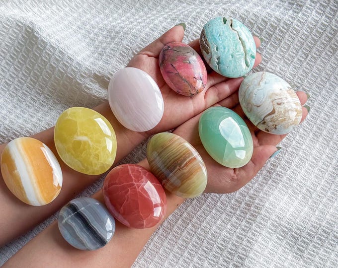 Rainbow calcite oval palmstone | rose calcite | honey calcite | mango calcite | lemon calcite | pink calcite | green pistachio calcite