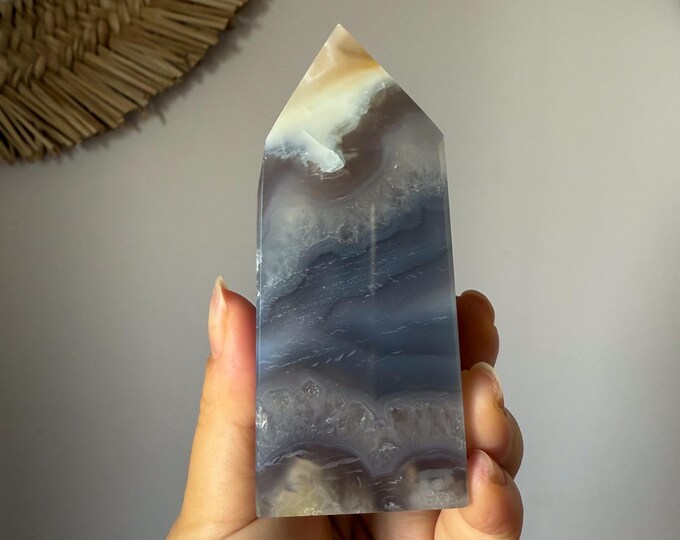 Premium Black flower agate crystal tower healing crystal home decor