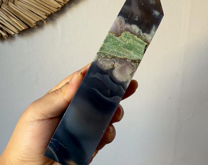 Premium Black flower agate crystal tower healing crystal home decor