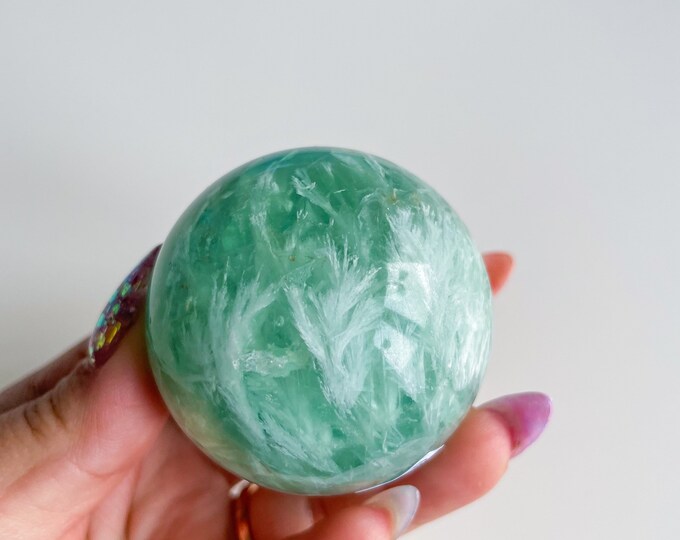Snowflake green fluorite crystal sphere healing crystal home decor