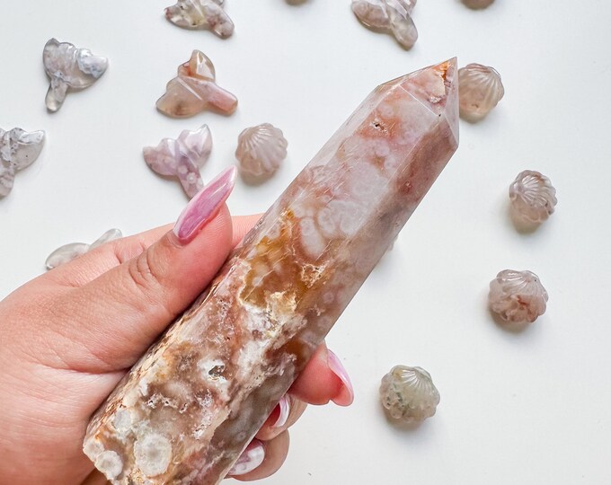 Premium pink flower agate (pk) Crystal tower | pink flower agate crystal tower healing crystal home decor |crystal gift |unique home decor|