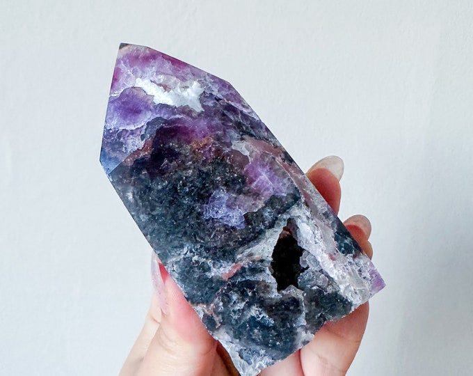 purple fluorite with druzy quartz and calcite | rare fluorite crystal tower healing crystal