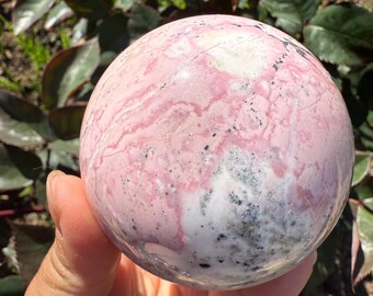May include: A polished sphere of rhodochrosite, a gemstone with a pink and white marbled pattern. The sphere has a smooth, rounded shape and is held in a hand, with green foliage in the background. The stone has dark gray and black veins.
