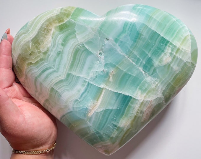 Premium blue pistachio calcite XXL large crystal heart healing crystal healing journey home decoration
