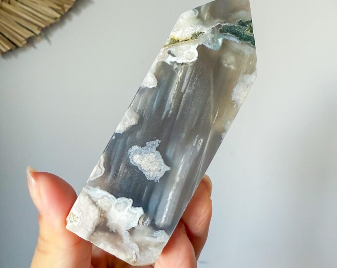 Premium Black flower agate crystal tower healing crystal home decor
