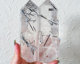 Rare Tourmalated quartz| black tourmaline clear quartz tower point twin flame healing crystal home decor