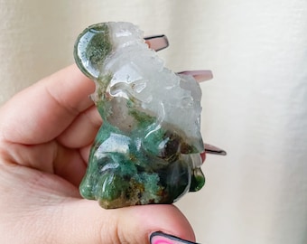 Premium Moss agate elephant crystal animal carving home deco