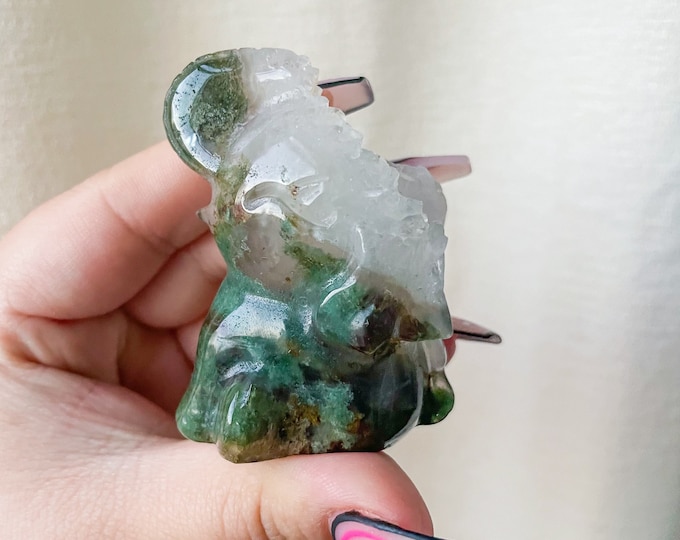 Premium Moss agate elephant crystal animal carving home deco