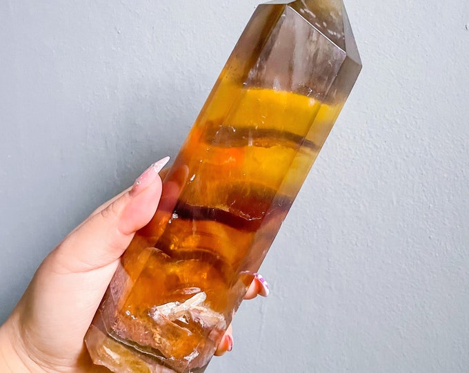 yellow Fluorite crystal tower,yellow fluorite tower,premium fluorite crystal point, rare crystal tower,crystal home decoration