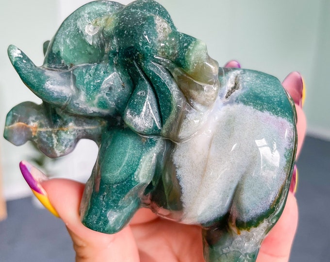 Elephant moss agate crystal sculpture hand carving natural crystal ornament home decoration
