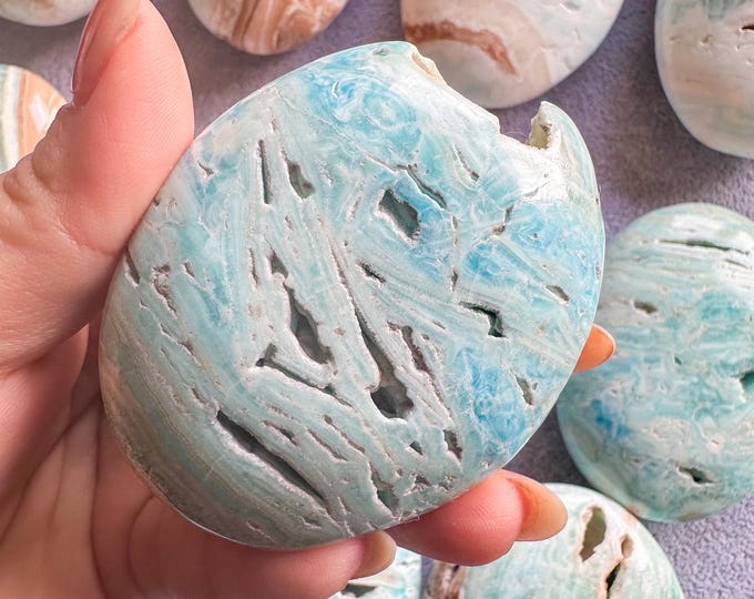 Reiki Healing Blue aragonite palm stone- Throat chakra& root chakra Healing crystal