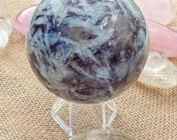 Aquamarine Crystal Sphere with Lepidolite, Tourmaline & Smoky Quartz | Natural Gemstone Sphere | Crystal Decor | Collector Gift