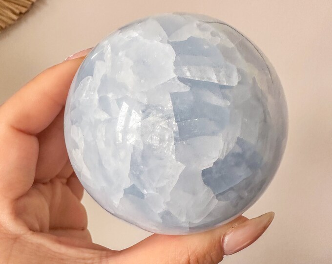 Icy blue calcite with rainbow crystal sphere healing crystal home decor