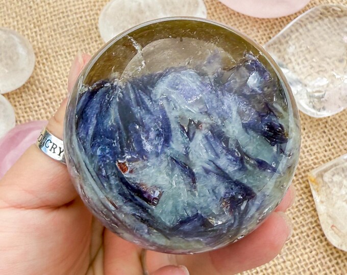 Aquamarine Crystal Sphere with pink tourmaline  Lepidolite,kyanite & Smoky Quartz | Natural Gemstone Sphere | Crystal Decor | Collector Gift